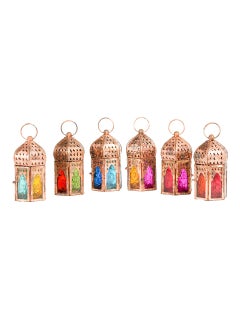 اشتري HilalFul Mini Copper Antique Style Decorative Candle Holder Lanterns - Multicolor Glass (Set of 6) | For Home Decor in Eid, Ramadan, Wedding | Living Room, Bedroom, Indoor, Outdoor Decoration في الامارات