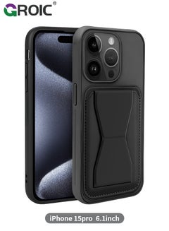 Buy Compatible with iPhone 15 Pro Black Phone Case with Card Holder, iPhone 15 Pro Wallet Case Hand Strap Kickstand for iPhone 15 Pro Cover in Saudi Arabia