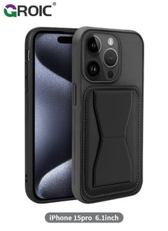 Buy Compatible with iPhone 15 Pro Black Phone Case with Card Holder, iPhone 15 Pro Wallet Case Hand Strap Kickstand for iPhone 15 Pro Cover in Saudi Arabia