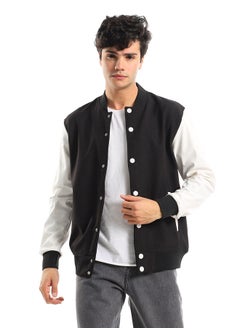 اشتري Leather Sleeves Press Buttons Closure Baseball Jacket - Black & White في مصر