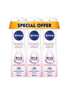 Buy NIVEA Beauty Elixir, Deodorant for Women, White Musk & Rose Scent, Spray 3x150ml in UAE