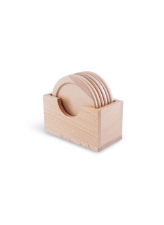 Buy 6-Piece | Lysander Coaster Set |Natural|Wooden Material |With Holder | D10cm in UAE