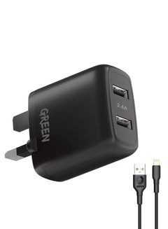 Buy Dual USB Port Wall Charger 12W UK with  Lightning Cable 1.2M, Fast Charging, Ultra-Fast Sync Charge Cable - Black in UAE