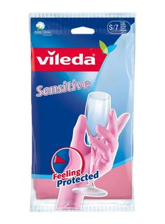 Buy Vileda Sensitive Reusable Gloves S, Natural Latex,  Protective, Touch-Sensitive, Comfortable Fit, Good Fit, Pink, Small Size (1 Pair Per Pack) in UAE