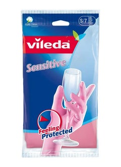 Buy Vileda Sensitive Reusable Gloves S, Natural Latex,  Protective, Touch-Sensitive, Comfortable Fit, Good Fit, Pink, Small Size (1 Pair Per Pack) in UAE