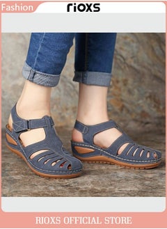 Buy Women's Hollow Roman Wedge Sandals Round Open Toe Sandals Summer Comfortable Buckle Sandals in UAE