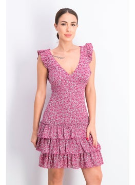 Buy Women Allover Print Sleeveless Slip Tiered Dress, Pink Combo in Saudi Arabia