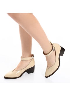 Buy Buckle Closure Pointed Mid Heels Pumps Beige in Egypt