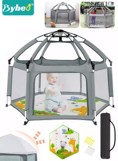 Buy Baby Playpen Fence with Playmat & Canopy, Folding Playard for Toddler, Collapsible Camping Tent for Adults and Children Kids Activity Center, Outdoor Infant Play Tents with Travel Bag and Safety Lock in UAE