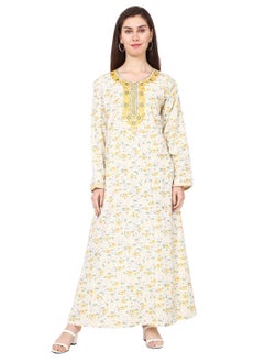 اشتري FLORAL EMBROIDERED AND PRINTED YELLOW COLOUR LONG VISCOSE ARABIC KAFTAN JALABIYA DRESS في السعودية