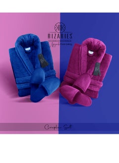 Buy Couple Set Blue & Purple (2 Velour Bathrobe, 2 Velour Slippers) in UAE