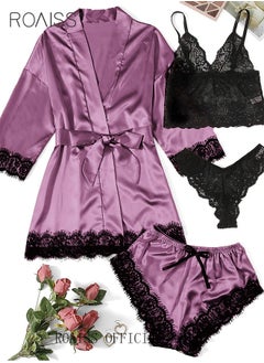 Buy 4 Pack Women's Nightwear Set Silk Satin Sleepwear Pajama Summer Home Wearing Clothes Suits Embroidered Breathable Ladies Lingerie Robe Nightdress Underwear Panties in UAE