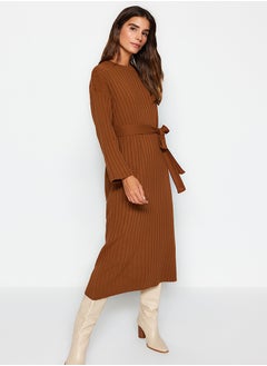 Buy Brown Belted Rib Knitwear Dress TCTAW24EB00008 in Egypt