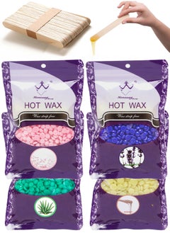 Buy 400g Hair Removal Hot Wax Beans 4 Pack of 100g Each with 50 Wooden Waxing Sticks For Easy Hair Removal in UAE