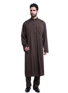 اشتري Mens Solid Color Muslim Stand Collar Clothing Kaftan Set Middle East Robe Suit Round Neck Islamic Dress Arabic Wear Brown في السعودية