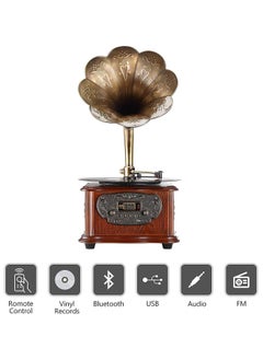 Buy Retro All-in-One Gramophone with Bluetooth, Copper Horn, 33/45 Turntable, Built-in Subwoofer & FM Radio in UAE