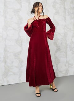 Buy Faux Fur Trim Velvet A-Line Maxi Dress in Saudi Arabia