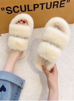 Buy Stylish Women Faux Fur Open Toe Flat Indoor Slippers Autumn and Winter Warm Household Bedroom Comsoft Slippers Beige in UAE
