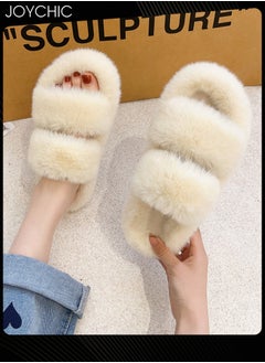 Buy Stylish Women Faux Fur Open Toe Flat Indoor Slippers Autumn and Winter Warm Household Bedroom Comsoft Slippers Beige in UAE