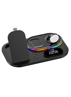 Buy 4 in 1 Wireless Charger With RGB LED Light And Clock For Apple iPhone 14/13/12 Series iWatch /Apple AirPods/Pro Samsung, Wireless 30W Fast Charging Station Dock Charger Black in UAE