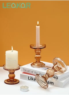 اشتري 3-Piece Glass Candles Stand Amber Crystal Candle Holder for Pillar Taper Candle and Tealight في السعودية