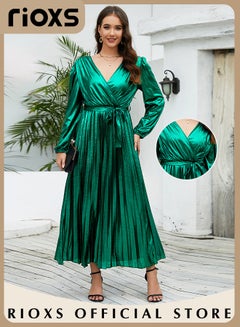 Buy Women's Charming Bright Green Pleated Dress Waist Wrap Slimming Long-sleeved Evening Dress Party Elegant Dress for Ladies in UAE