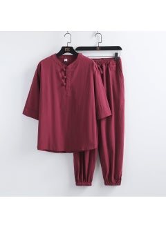 Buy Summer Linen Mandarin Collar Mens Suit Wine red in UAE