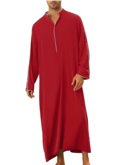 اشتري Men's Muslim Loose Casual Robe Thobe Stand Collar Long Sleeve Kaftan Red في السعودية