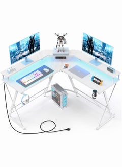 Buy Gaming Desk 50.1 inch with LED Strip & Power Outlets, L-Shaped Corner Desk Carbon Fiber Surface with Monitor Stand, Table with Cup Holder, Headphone Hook in Saudi Arabia