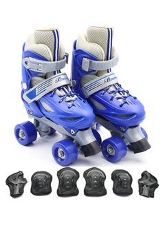 Buy Roller Skates Adjustable Size Double Row 4 Wheel Skates Children Skates for Boys And Girls Including Protective Gear Knee Elbow Wrist Blue Colour in UAE