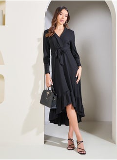 Buy Dobby Texture High Low Ruffle Hem Midi Dress with Self Tie Up in Saudi Arabia