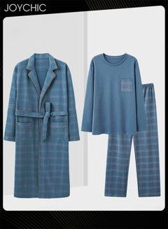Buy 3-piece Classic Solid Pattern Pajamas for Men Autumn and Winter Casual Pure Cotton Long-sleeved Pullover Sleepwear+Sleep Robe+Trouser Suit Windproof Warm Youth Bedroom Loungewear Blue in UAE