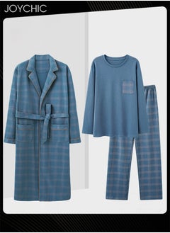 اشتري 3-piece Classic Solid Pattern Pajamas for Men Autumn and Winter Casual Pure Cotton Long-sleeved Pullover Sleepwear+Sleep Robe+Trouser Suit Windproof Warm Youth Bedroom Loungewear Blue في الامارات