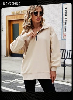 Buy Women Autumn and Winter Warm Long Sleeve Half Zipped Cropped Pullover Solid Pattern Fleece Outdoor Windproof Hoodies  Beige in UAE