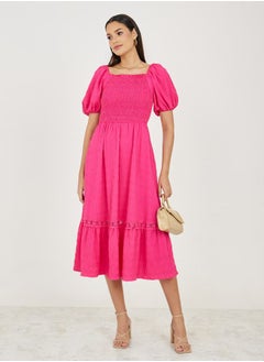 Buy Textured Smocked Detail A-Line Midi Dress in Saudi Arabia