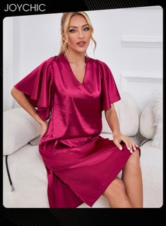 Buy Solid Pattern Women Pajamas Ice Silk Satin Skin-friendly Nightgown Deep V-neck Loose Sleepwear for Spring Summer Red in UAE