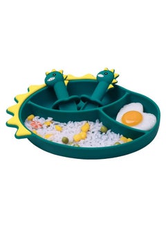 اشتري 3-Piece  Baby Feeding Bowl Spoon Fork Set, Cartoon Dinosaur Silicone Suction Divided Plate, Toddler Plates for Kids and Infants (Green) في السعودية