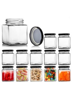 اشتري 12pack 200ml square jar with black sealed metal regular lid  sealed transparent glass jar, used as dessert, coffee beans, seasoning, honey, jam, jelly, total في الامارات