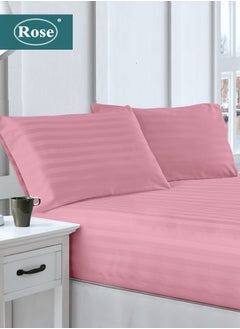 Buy Rose Luxurious Hotel Stripe Fitted Sheet with Deep Pockets and Pillow Cases, Bed Sheet 3-Pieces Set, Soft & Silky Microfiber Fabric, Breathable and Cooling (King Size 200X200+35 cm - pink) in Saudi Arabia