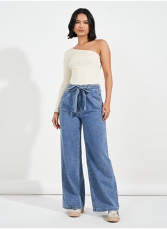 Buy High Rise Wide Leg Jeans with Tie Belt in Saudi Arabia