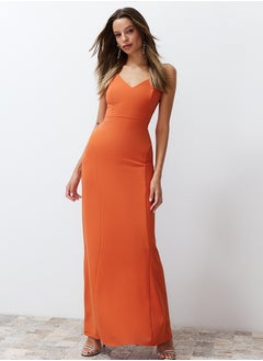 Buy Orange Fitted Woven Long Elegant Evening Dress TPRSS24AE00061 in Egypt