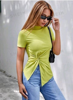 Buy SHEIN Essnce Green Knotted Slim Fit Casual T-Shirt in Egypt