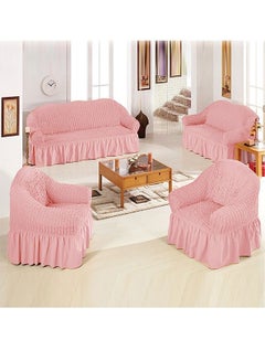 Buy 4-Piece Super Stretchable Anti-Wrinkle Slip Flexible Resistant Jacquard Sofa Cover Set Pink in Saudi Arabia