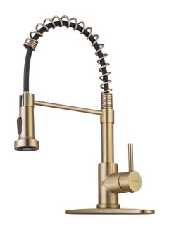 Buy Brushed Gold Kitchen Faucet with Pull Down Sprayer, RV Brass Kitchen Faucet Stainless Steel Single Handle Spring Faucet in Saudi Arabia