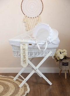 Buy Baby cradle Moses basket for children with mosquito net with wooden holder white color foldable in UAE