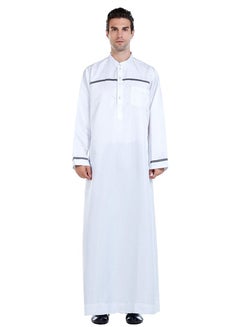 اشتري Mens Stand Collar Concise Style Long Sleeve Abaya Robe Islamic Arabic Casual Kaftan White في الامارات
