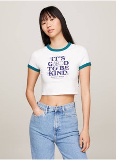 Buy Women's Slim Fit Cropped Slogan T-Shirt -  Pure cotton, White in UAE