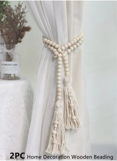 Buy 2-Piece Set Home Decoration Wooden Beading Creative Tassel Design Hanging Decoration Off-White 140 cm in UAE