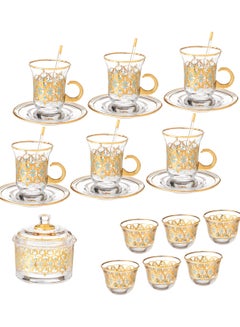 Buy Turkish coffee and tea set 25 pieces consisting of 6 tea cups + 6 tea saucers + 6 Saudi coffee cups + 6 glass spoons + 1 sugar bowl in Saudi Arabia