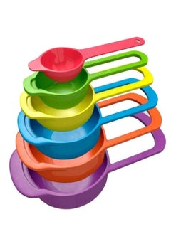 Buy 6 Pcs of Plastic Measuring Cups and Spoons Set. Stackable, Space Saving, Multi color Design in UAE